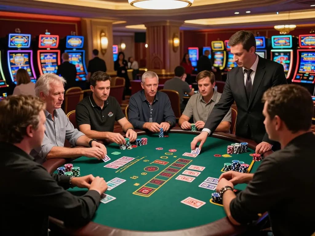 Pemain terlibat di meja blackjack di kasino BIOSKOP69, menampilkan permainan yang strategis dan penuh semangat.