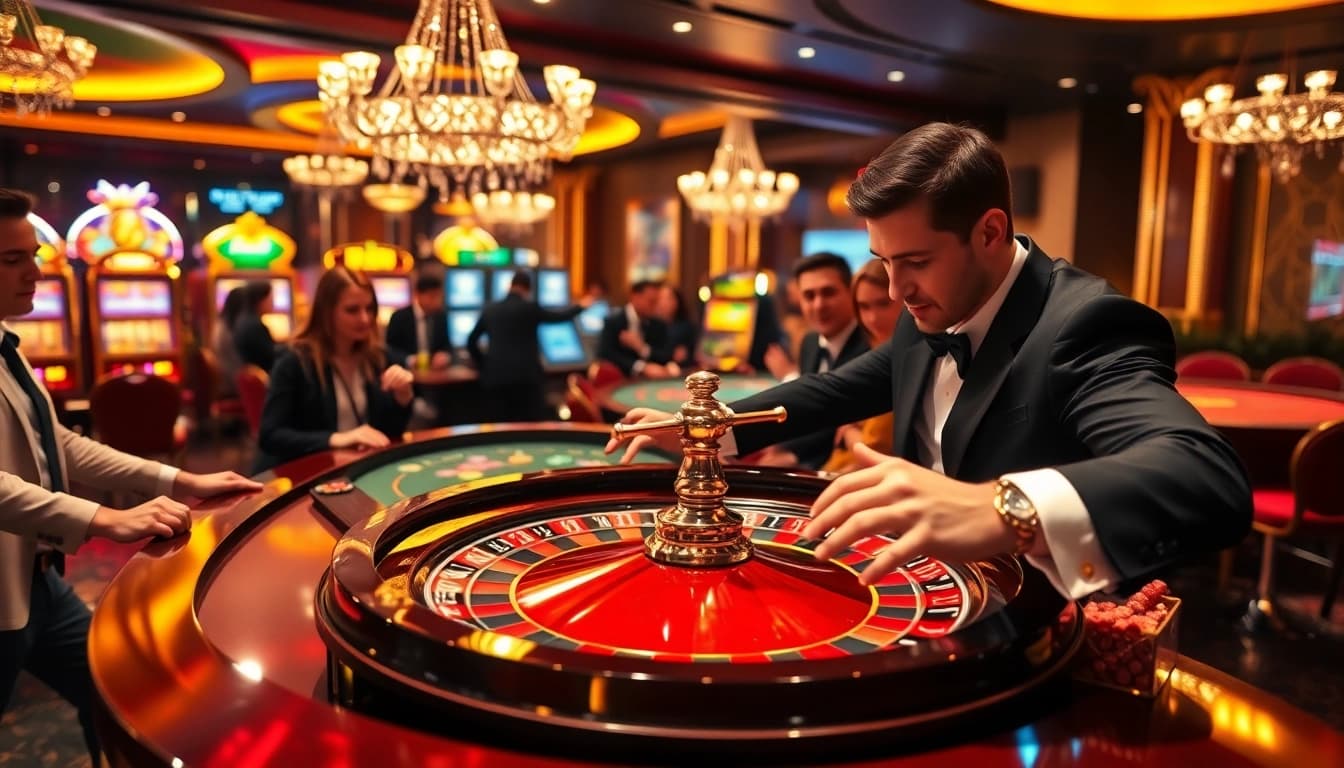 Engaging casino atmosphere showcasing MM OO with excited players at roulette and poker tables.