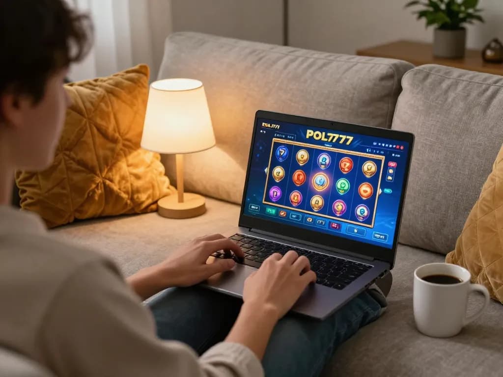 Pemain menikmati pengalaman slot online POL777 di laptop di ruang tamu yang nyaman.