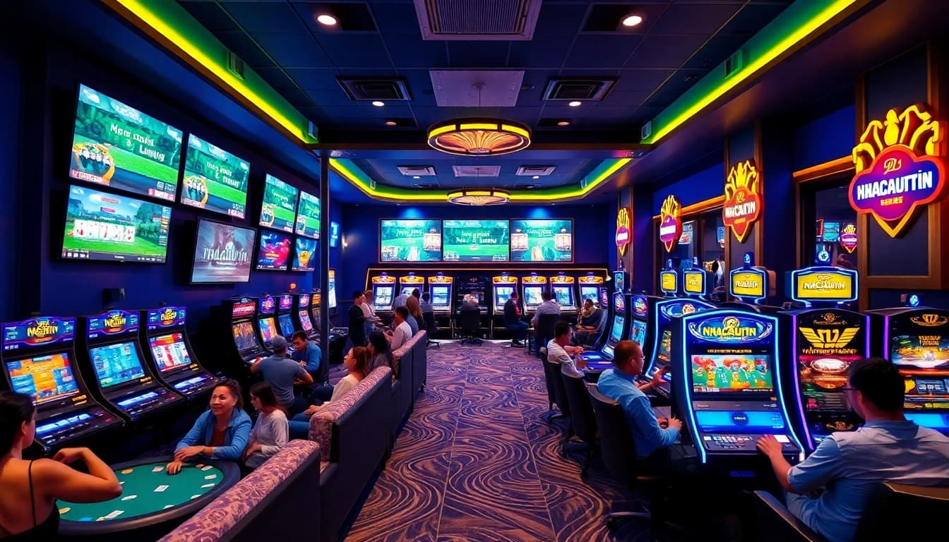 Engage in the dynamic gaming environment of nhacaiuytin with illuminated screens and excited players.