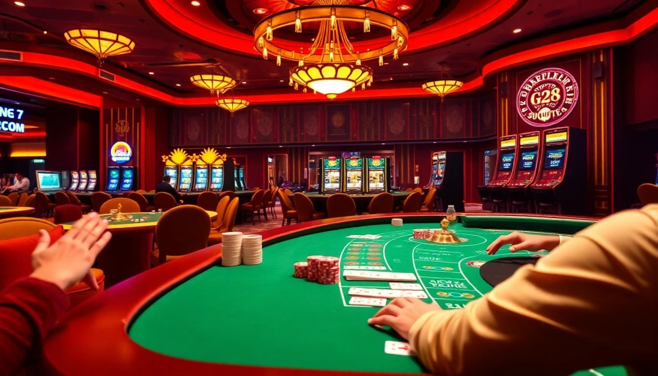 Engaging in thrilling casino games at G28 COM, featuring vibrant tables and colorful chips.