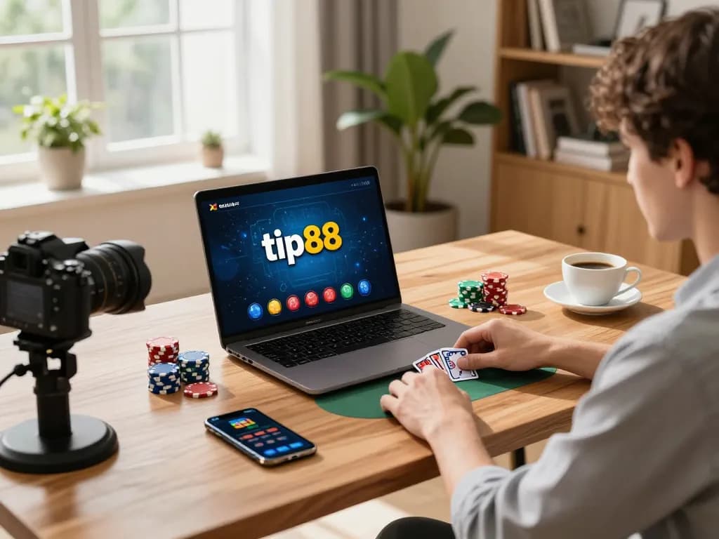 Tip88 player strategizing poker bets in a cozy home office setup.