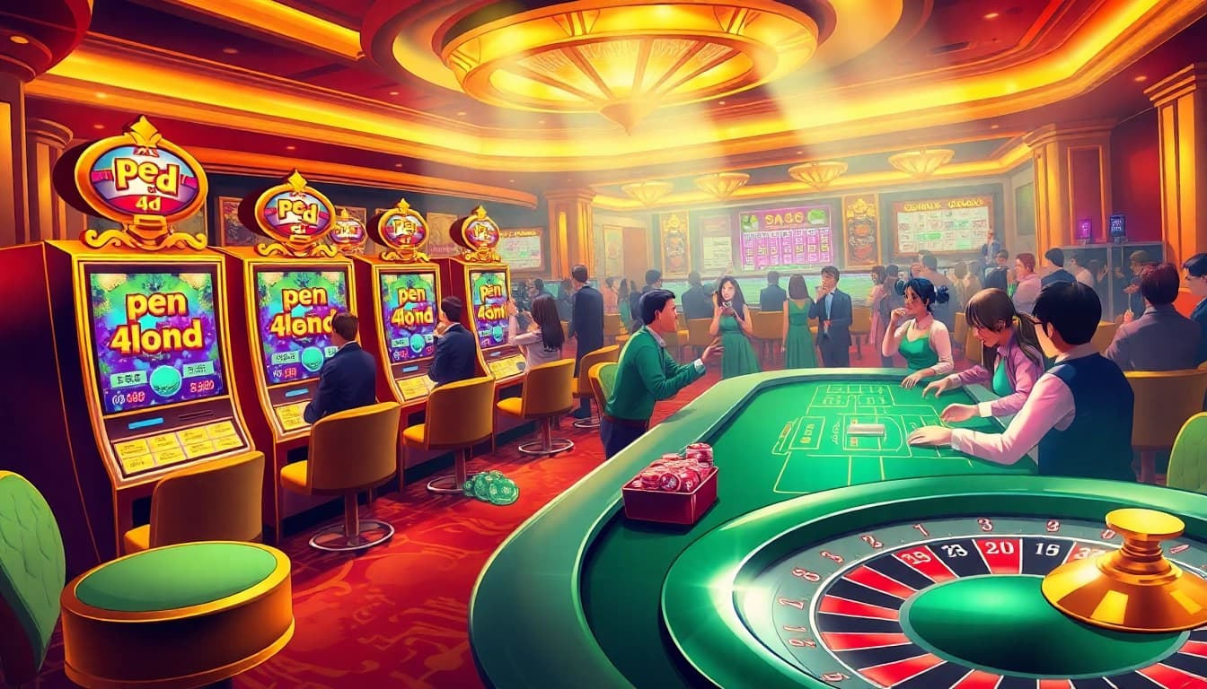 Winning players celebrate at a luxurious casino, highlighting pen 4d slot machines and exciting gameplay.