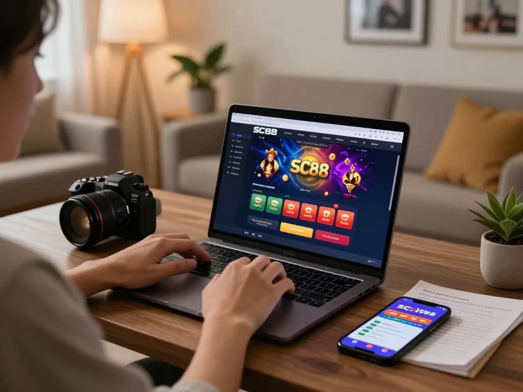 Engaging with SC88 online casino interface on laptop, showcasing vibrant gameplay and strategy notes.