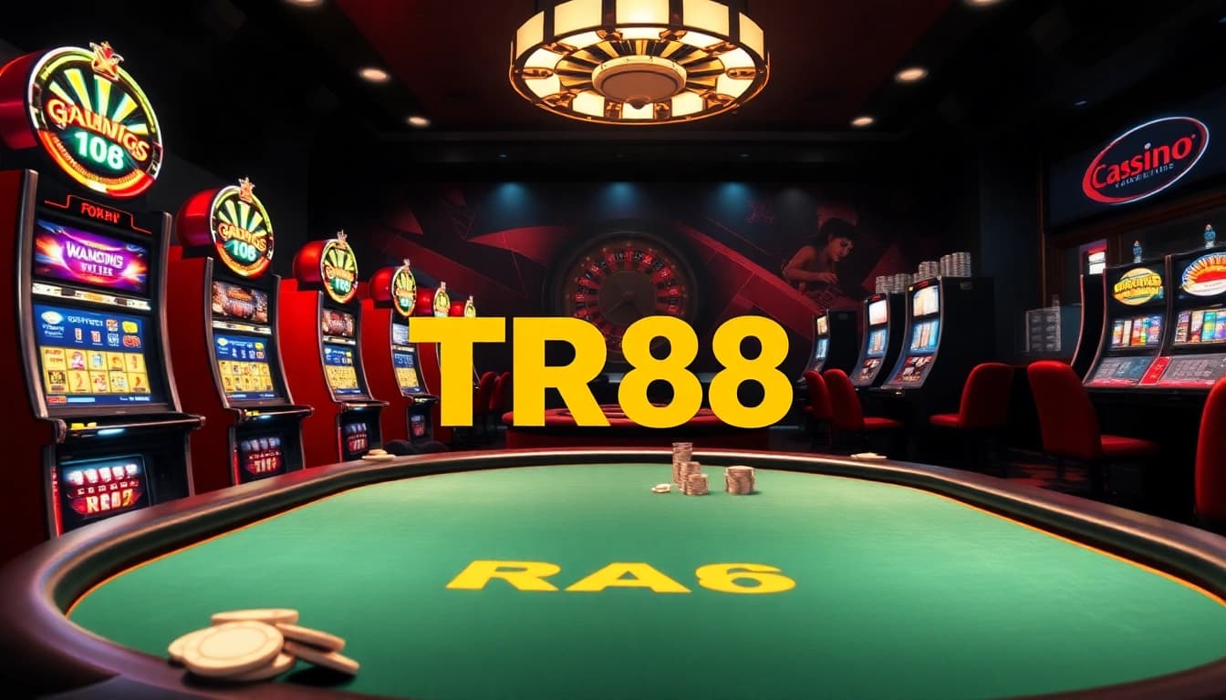 Engaging players at TR88 poker table with vibrant slot machines in an enticing gambling atmosphere.