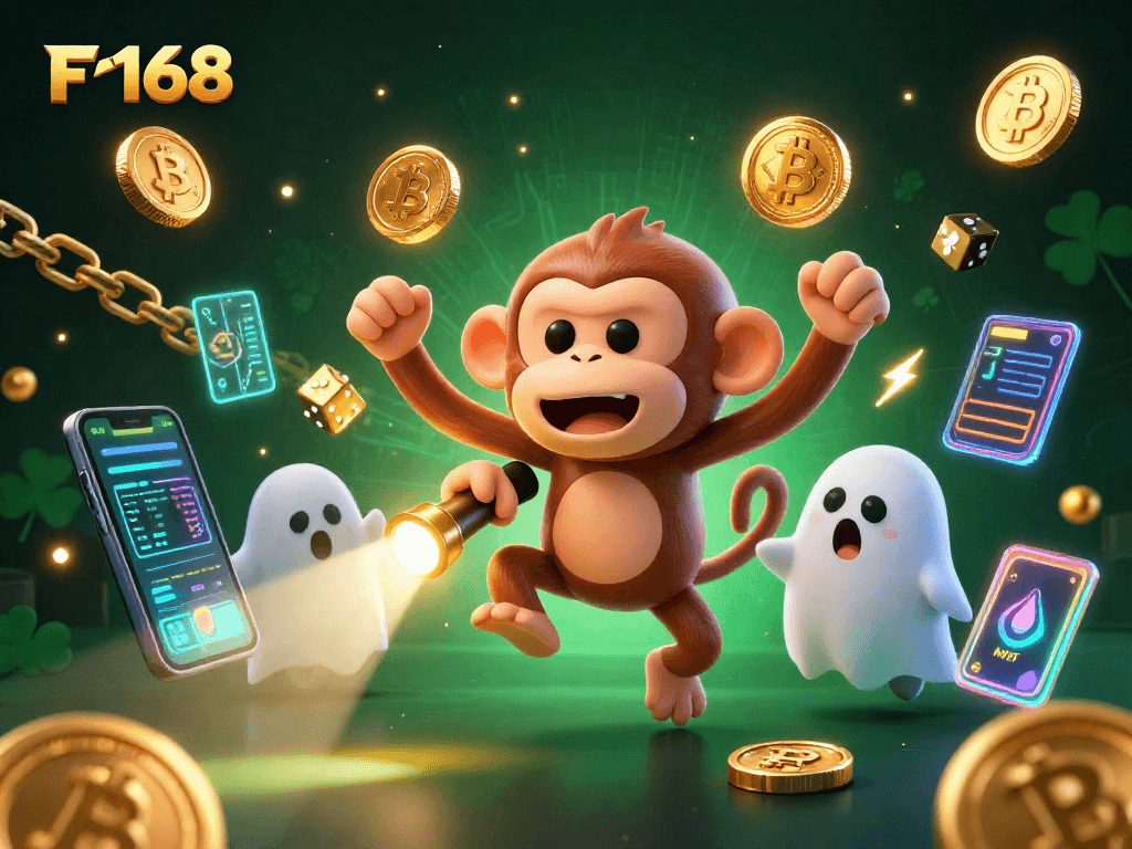 Experience F168's haunted casino thrills with a ghost-hunter puppy tracking a mischievous monkey!