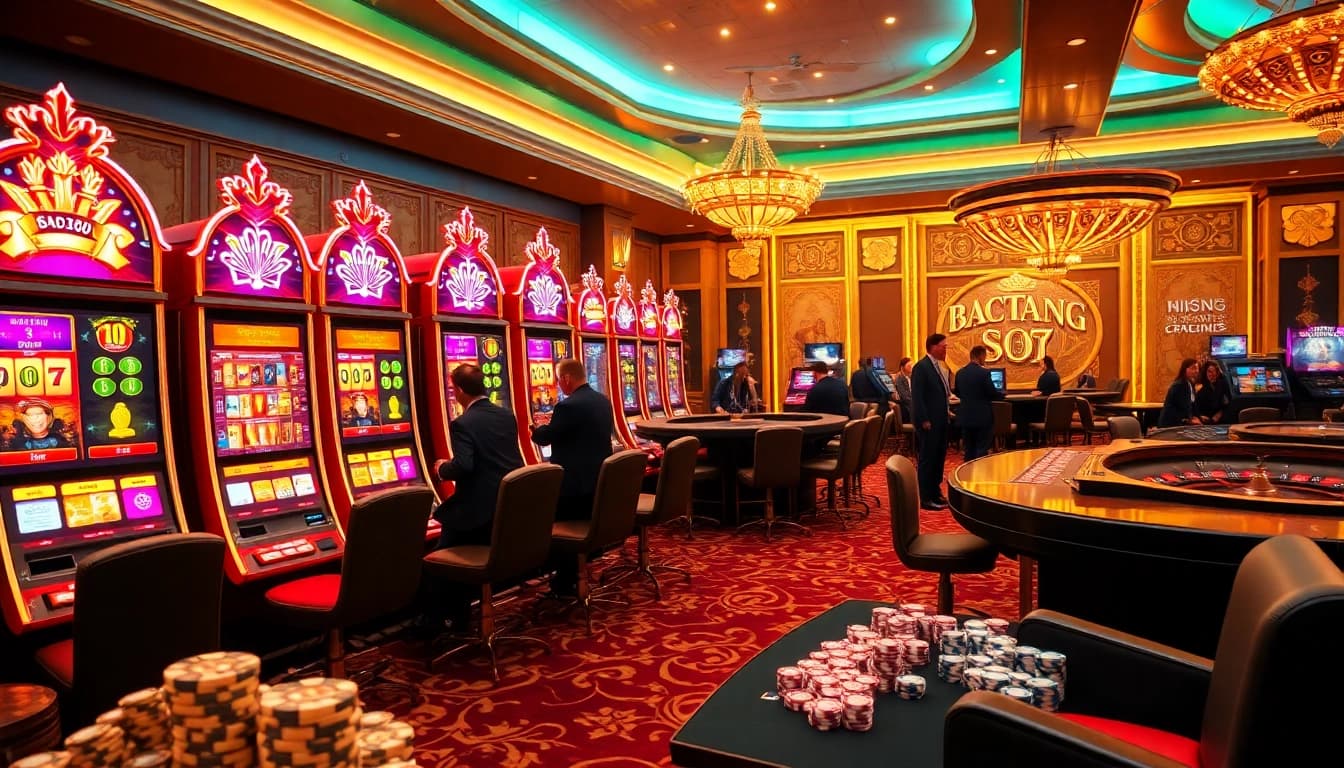 Experience excitement with slot88 as players engage with vibrant slot machines in a luxurious casino.