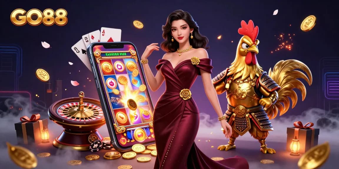 Experience thrilling gaming at GO88 with slot games, golden coins, and vibrant action.