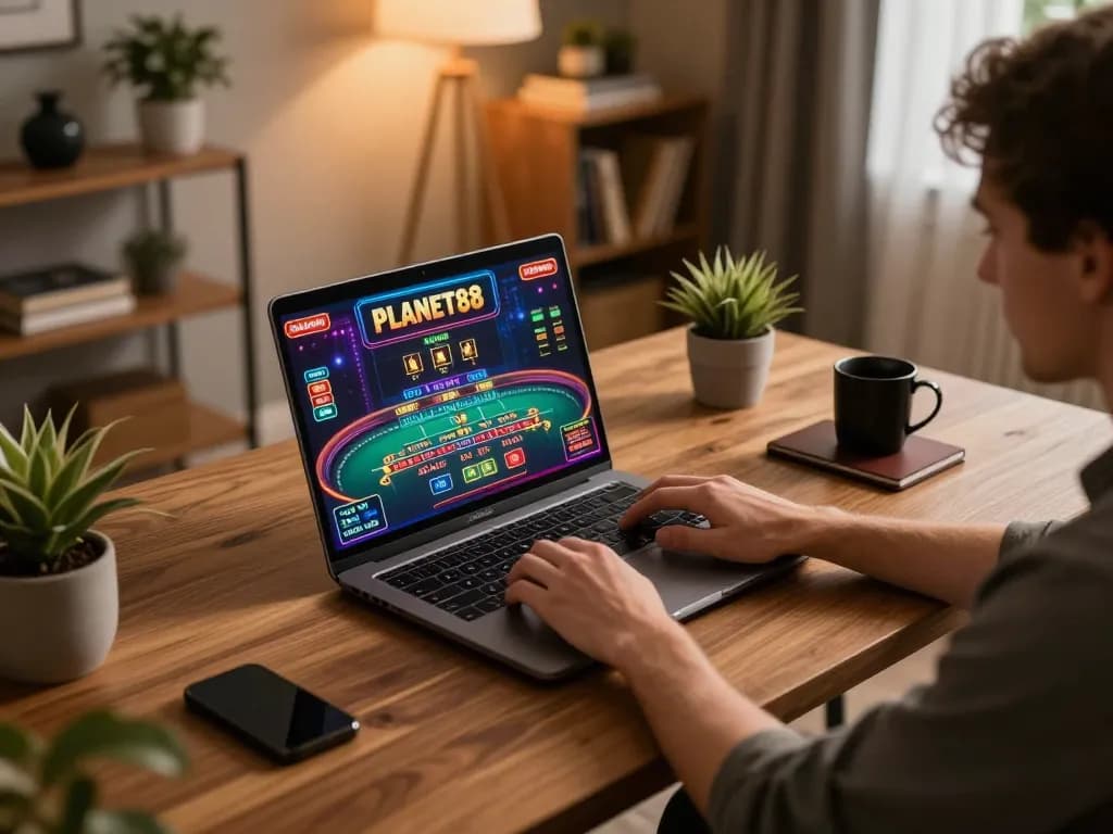 Experience thrilling gameplay at PLANET88 with a cozy gaming setup showcasing interactive live dealer action