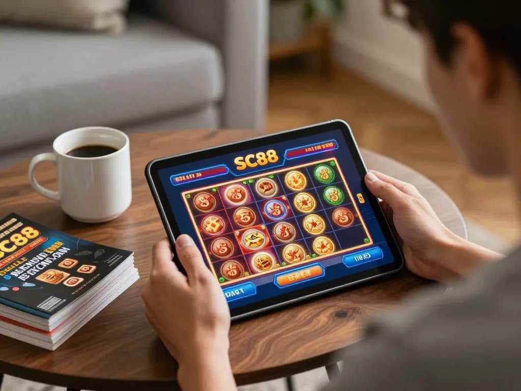 Person playing SC88 on a tablet in a cozy home setting, showcasing mobile gambling experience.