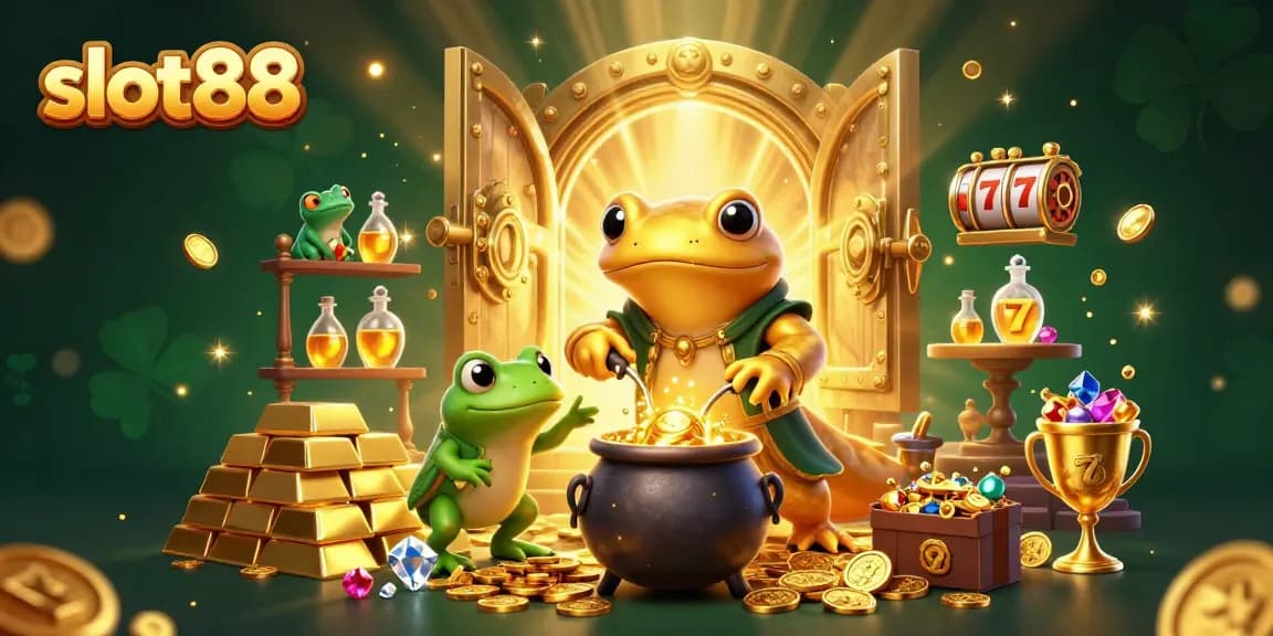 Slot88 menjadi pusat permainan slot online gacor dengan simbol keberuntungan yang menghiasi layar penuh koin emas.