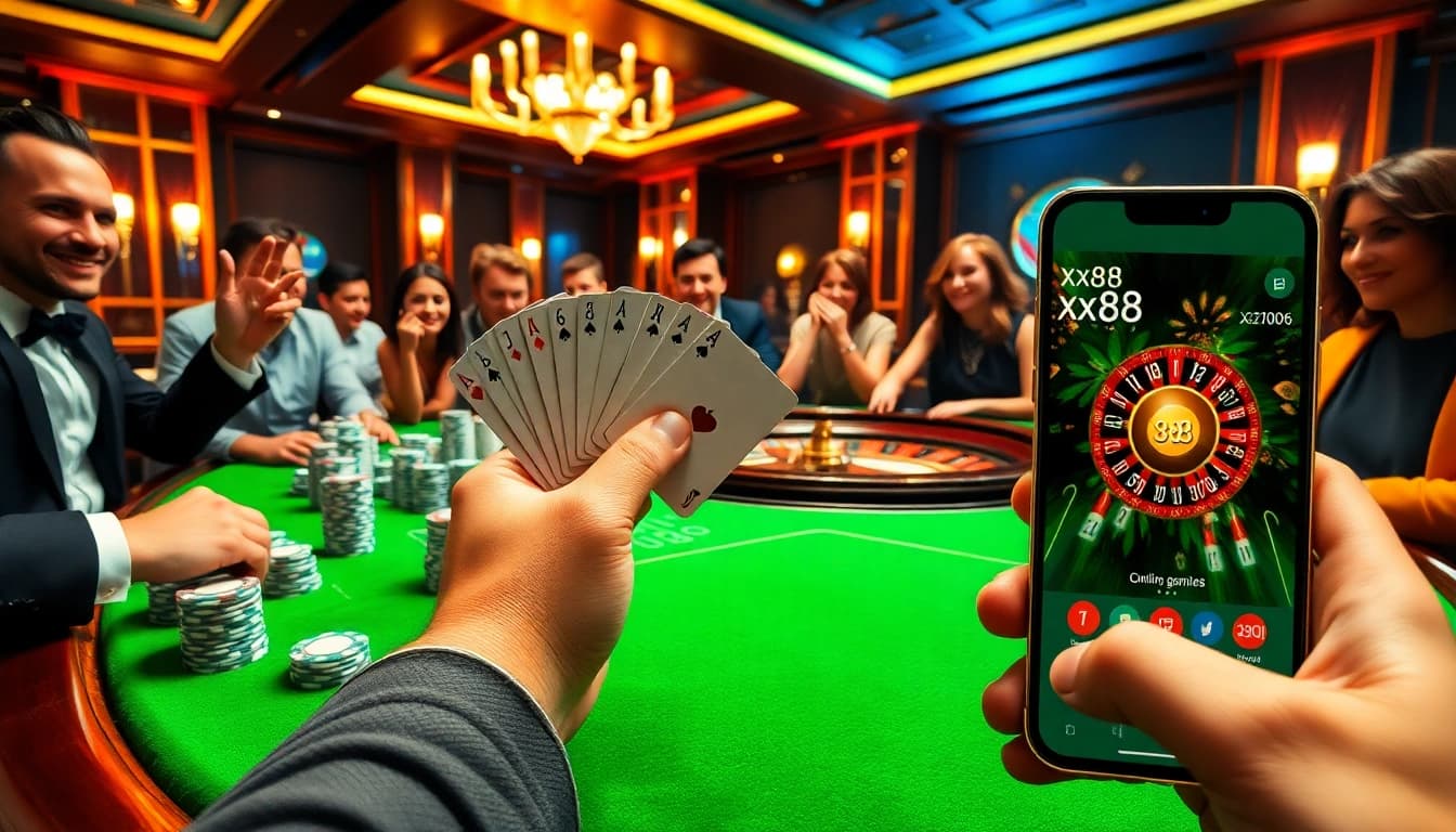 Players engaging in a thrilling poker game at xx88 casino with chips and cards.