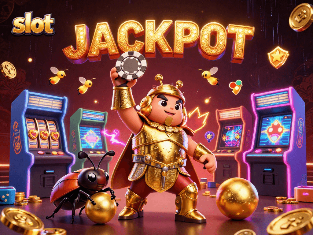 Experience thrilling slot action with a 3D beetle champion lifting a poker chip in victory