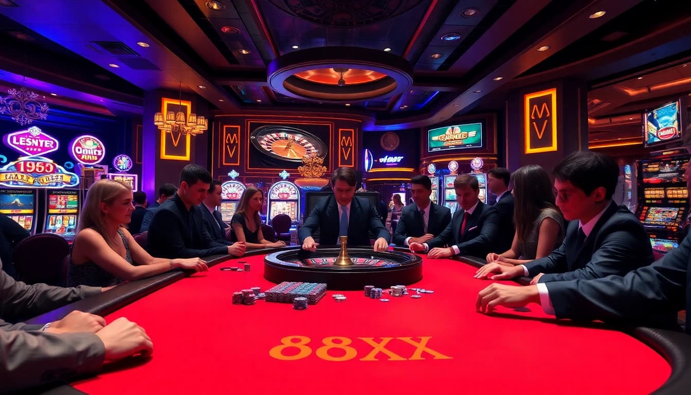 Exciting poker action at the 88xx casino with vibrant atmosphere and professional dealers.