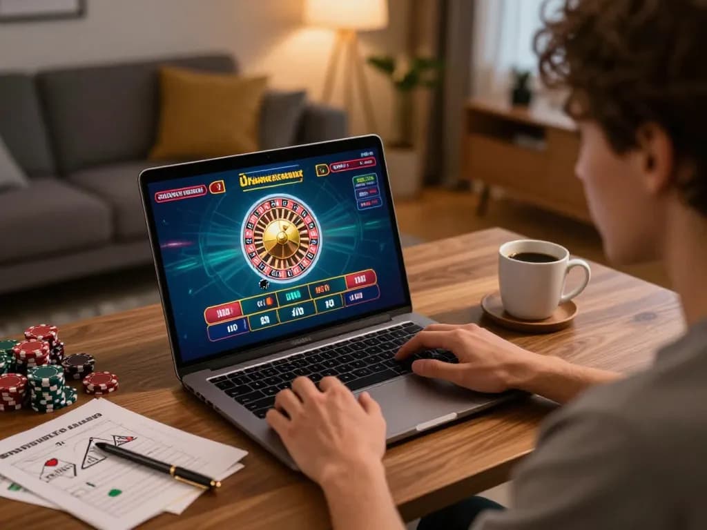 Engaging in fabet online gaming at home with a dynamic roulette interface, cozy atmosphere.
