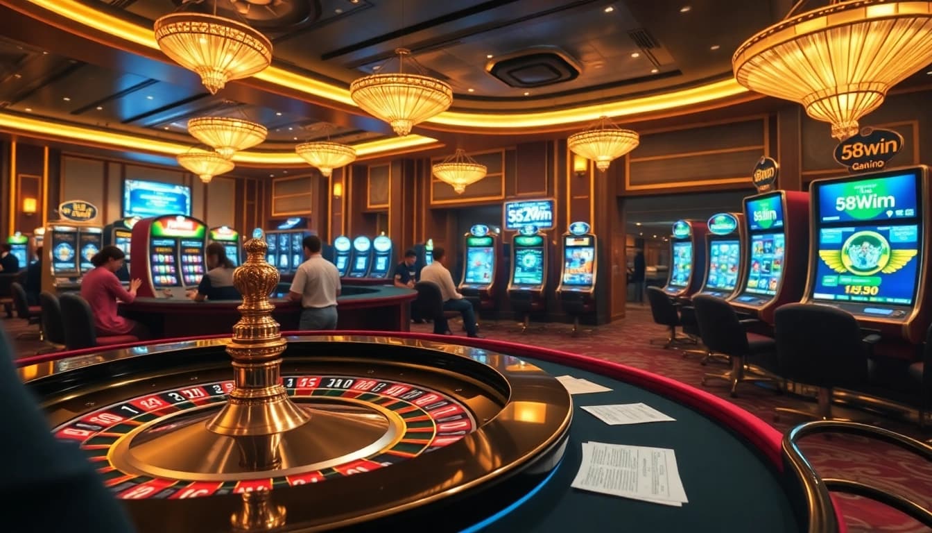 Excited players engaging in gambling activities at 58win online casino with roulette and slot machines.