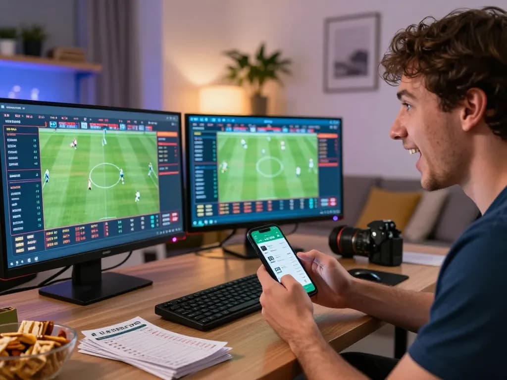 Engaged bettor analyzing ty le keo nha cai on multiple screens during live matches.
