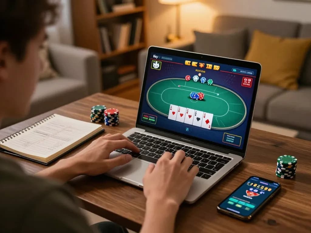 ku88 player strategizing poker moves at home on a laptop