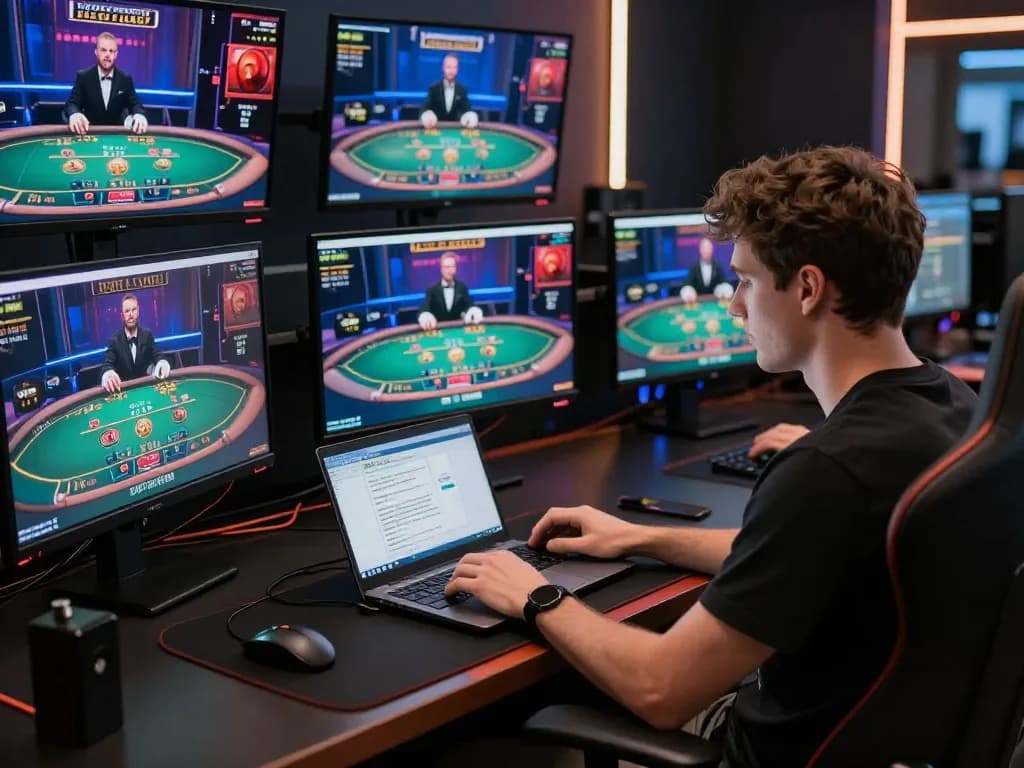 Engage in strategic online blackjack gameplay with TT88 at a professional gaming setup