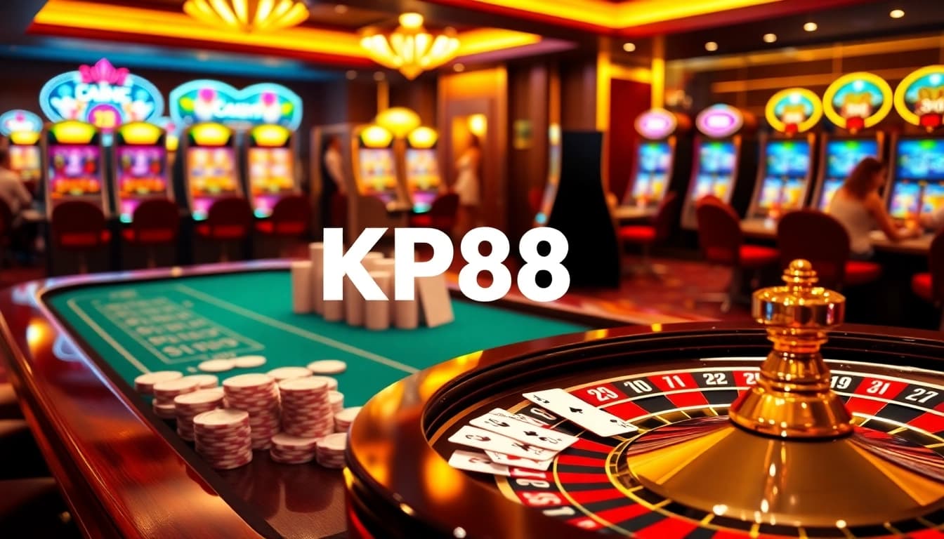 Players enjoying KP88 online gambling with poker cards and vibrant slot machines in the background.