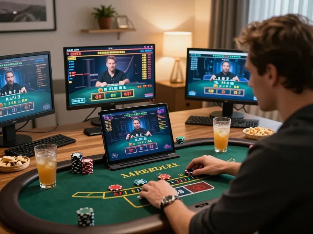 Player engaging in live blackjack game on FC88, capturing excitement and strategy in cozy home setting