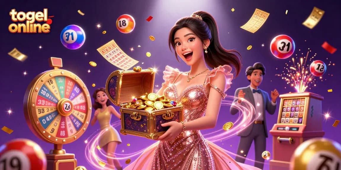 Engage in exciting togel online with a joyful woman presenting treasures, vibrant lottery elements in motion.
