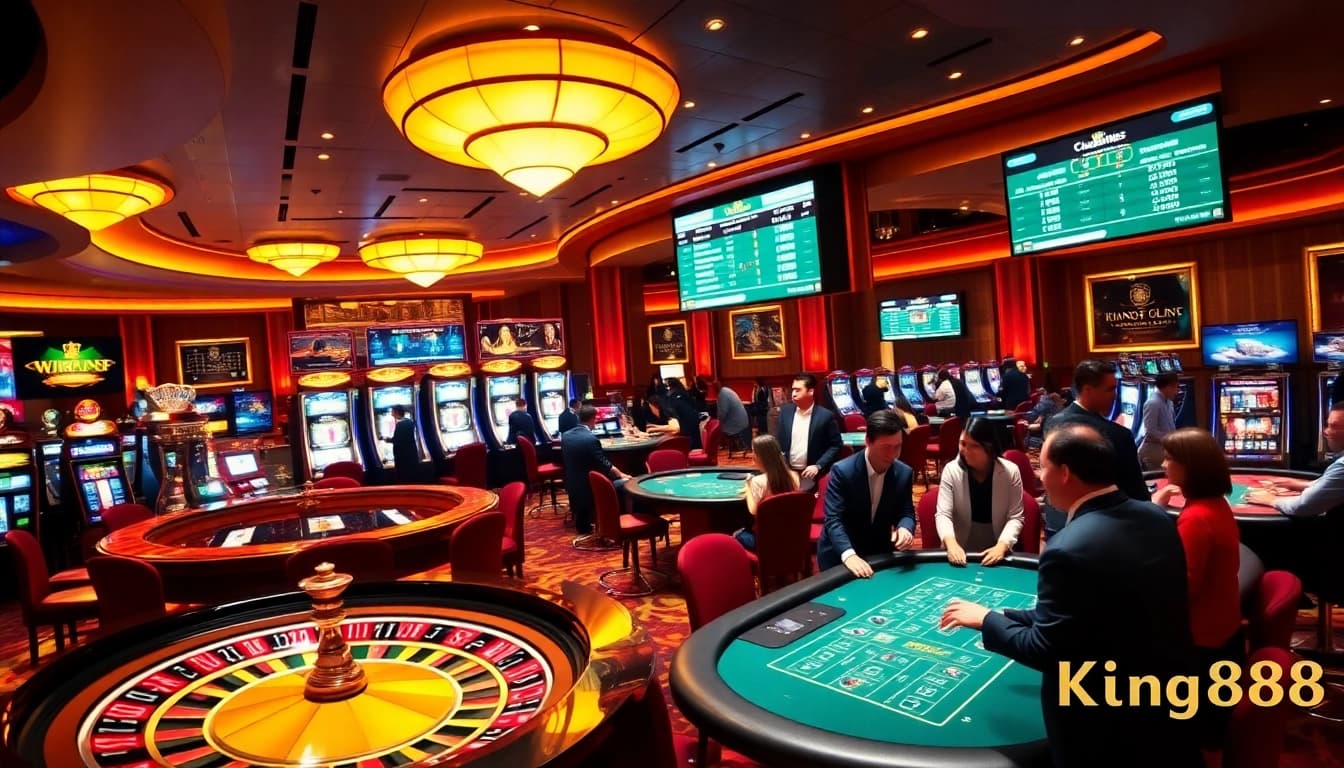 Players enjoy exciting games at King88's vibrant casino, featuring slots and roulette.