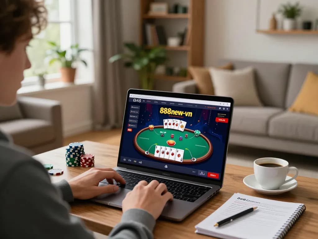 Player enjoying a poker game on 888new-vn from a cozy home setting, emphasizing strategic gameplay
