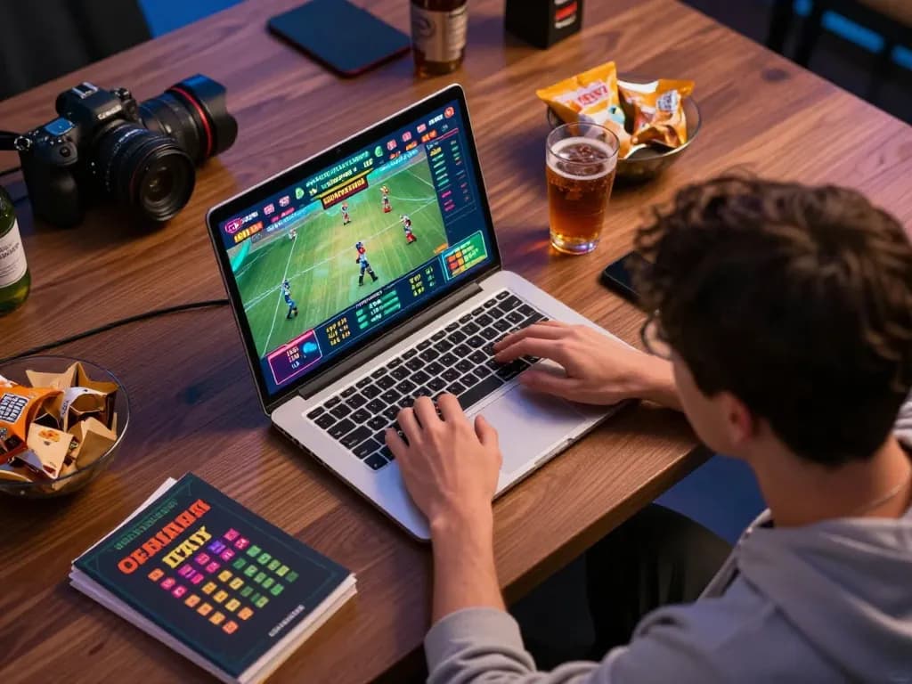 Scene taruhan olahraga SBOBET dengan laptop yang menampilkan odds langsung dan grafik yang cerah, menekankan permainan yang strategis.