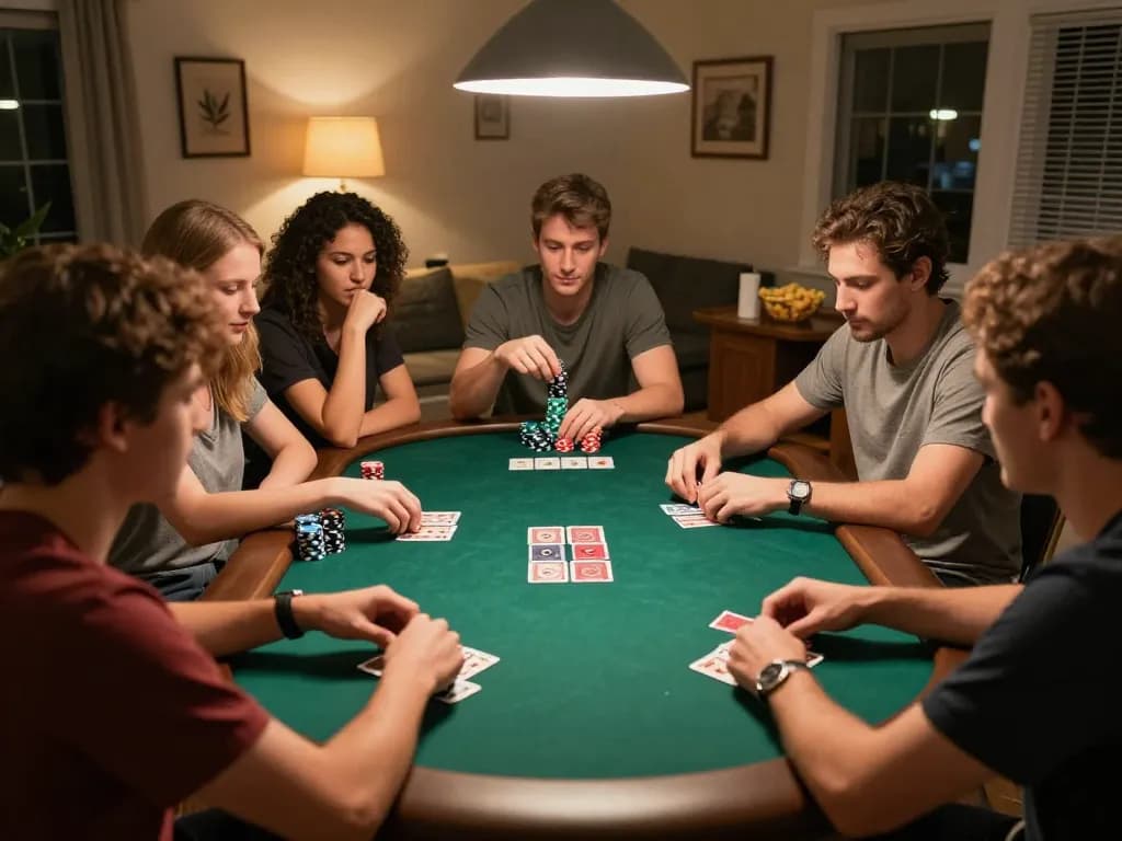 Friends enjoying a poker game at home, showcasing 45678 with excitement and strategy, warm ambiance, and snacks.