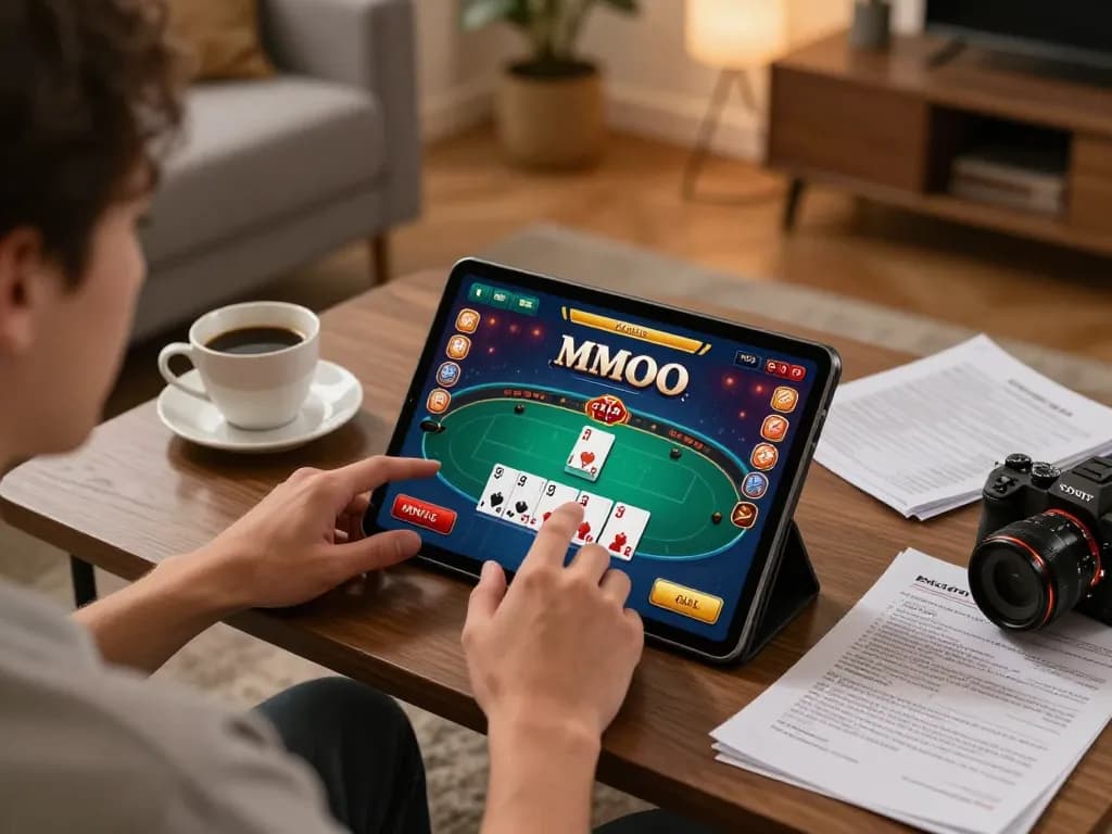 Engaging in strategic online gaming with MMOO app on tablet in cozy living room.