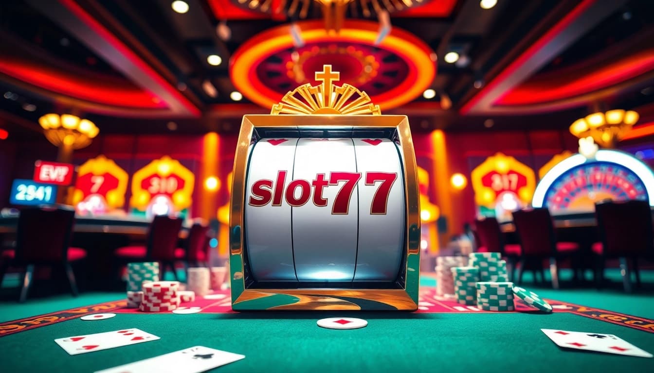 Spin the slot777 machine in an elegant casino filled with excitement and luxury.