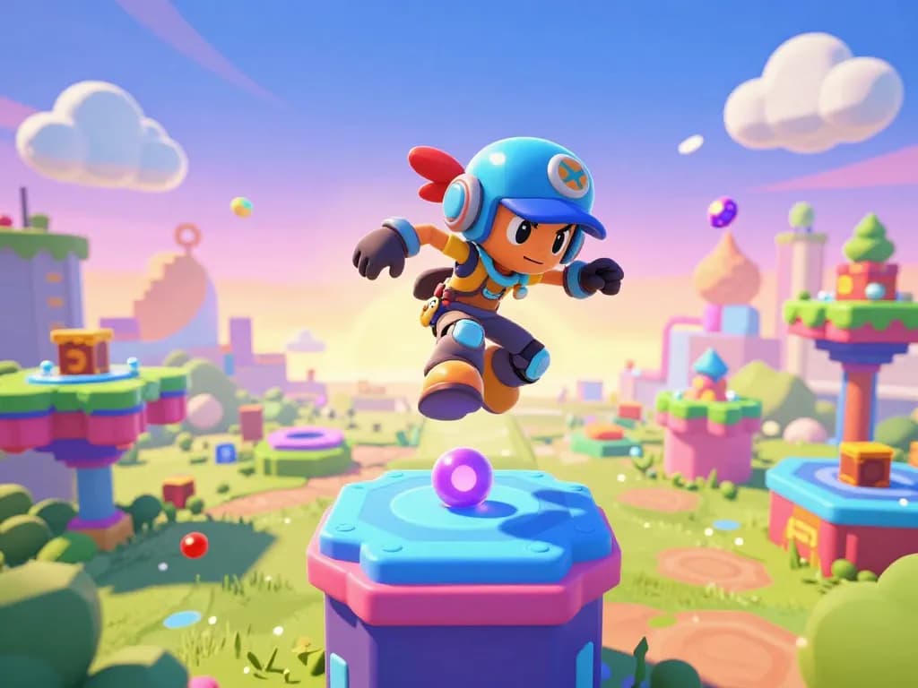KENZO123 gaming character navigating a vibrant digital platform with colorful obstacles and engaging visuals.