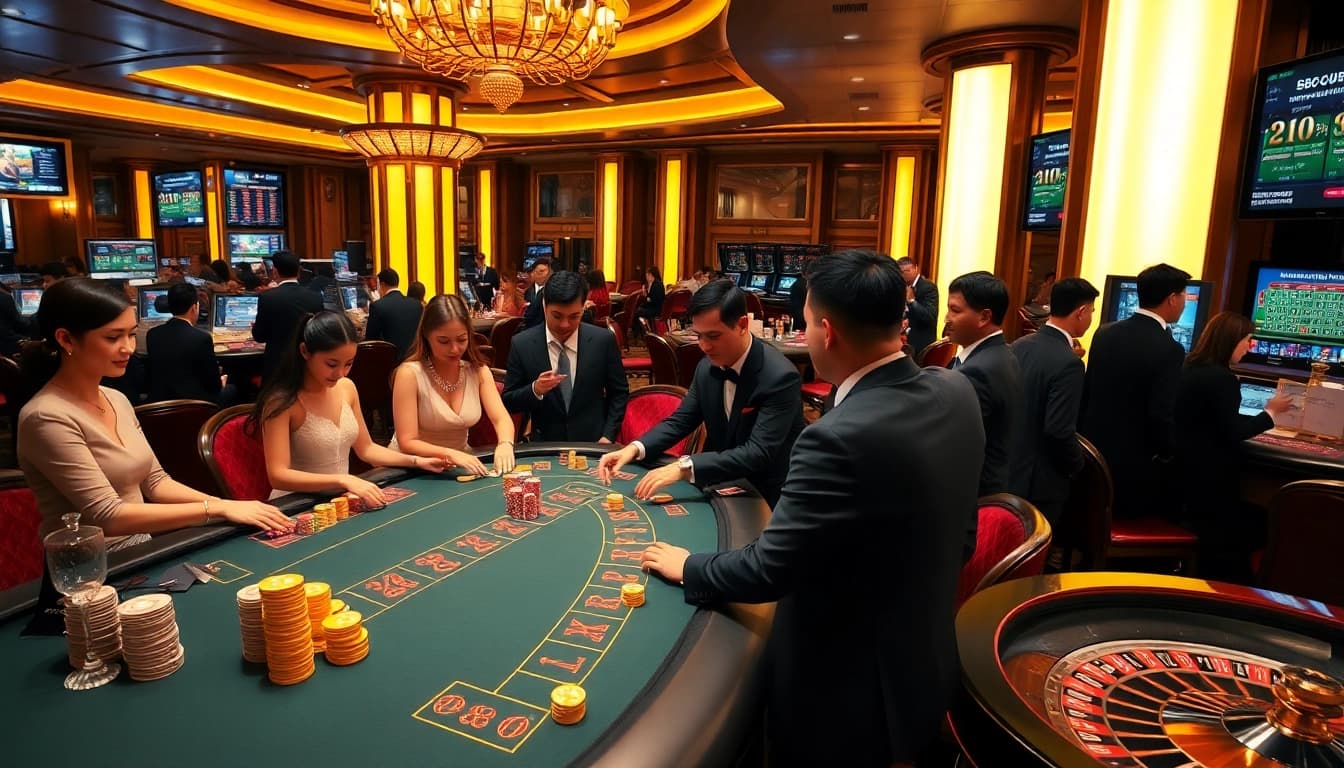 SBOBET betting scene featuring elegant gamblers at a poker table with vibrant casino decor.