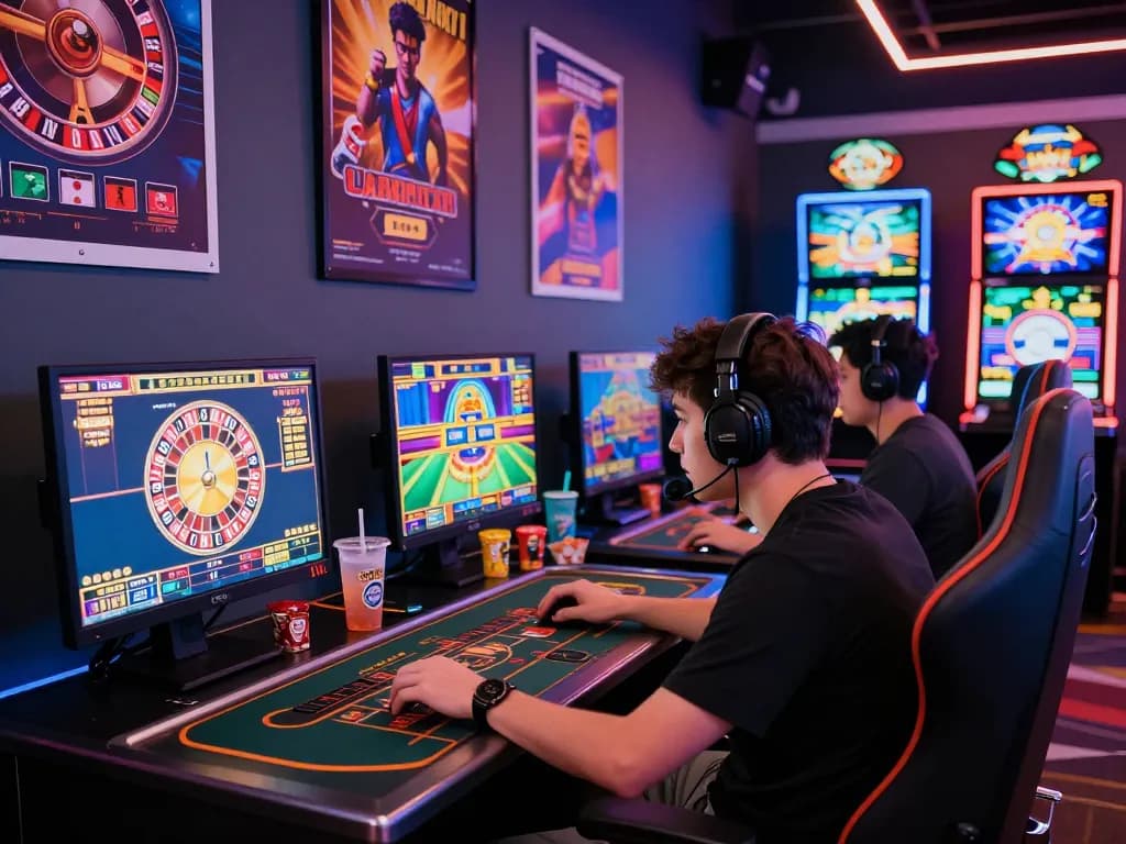 Engaged gamer participating in vibrant online gaming at nk88.com, surrounded by multiple screens.