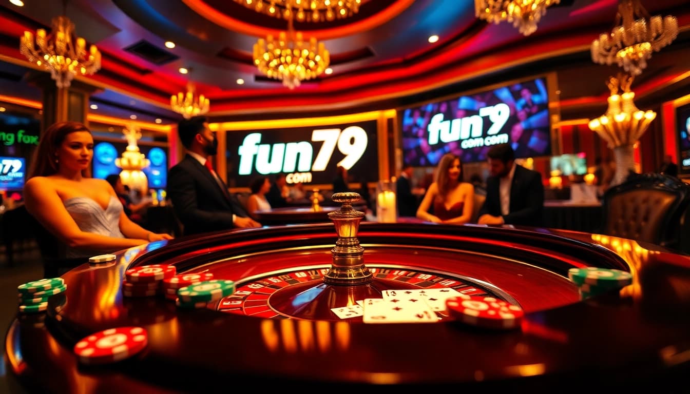 Players enjoying a thrilling game at fun79 com casino table, showcasing chips and cards.