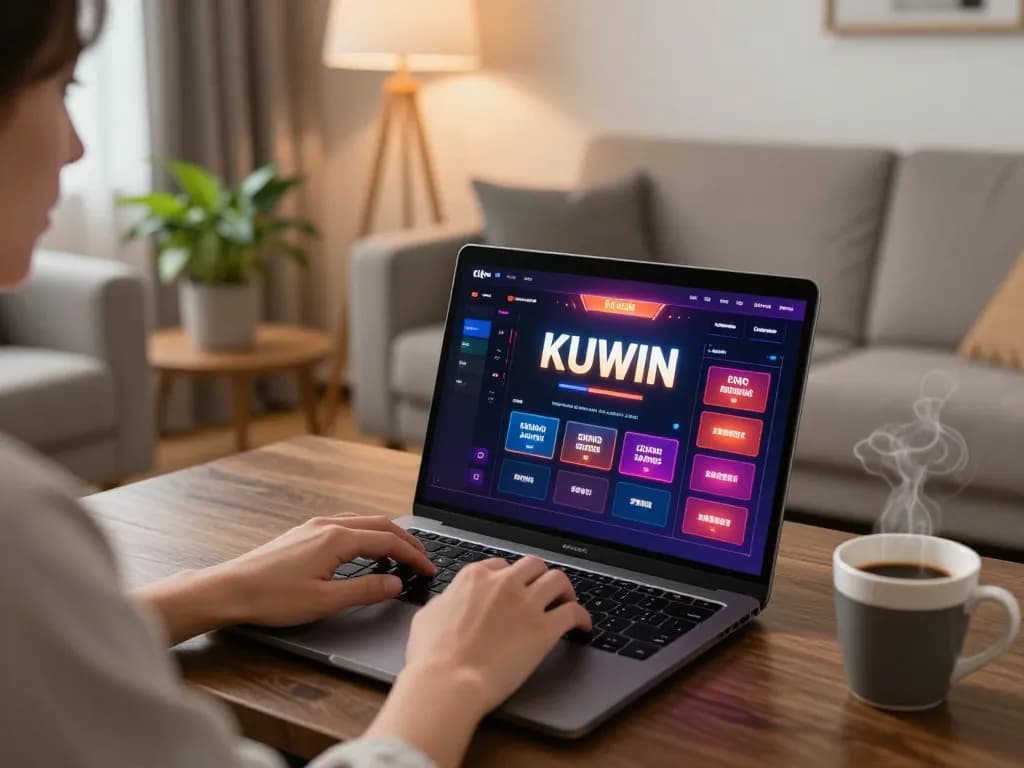 Kuwin user engaging in online casino gaming at home, highlighting interactive gaming interface and cozy environment