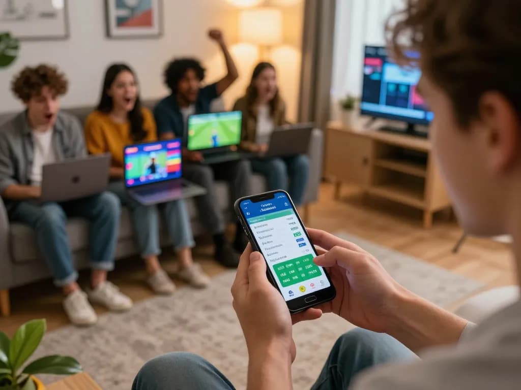 Engaging in keo nha cai sports betting with friends while tracking live scores on a smartphone