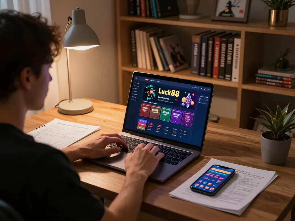 Player engaging with luck88 casino gaming interface on laptop with betting strategy notes visible.