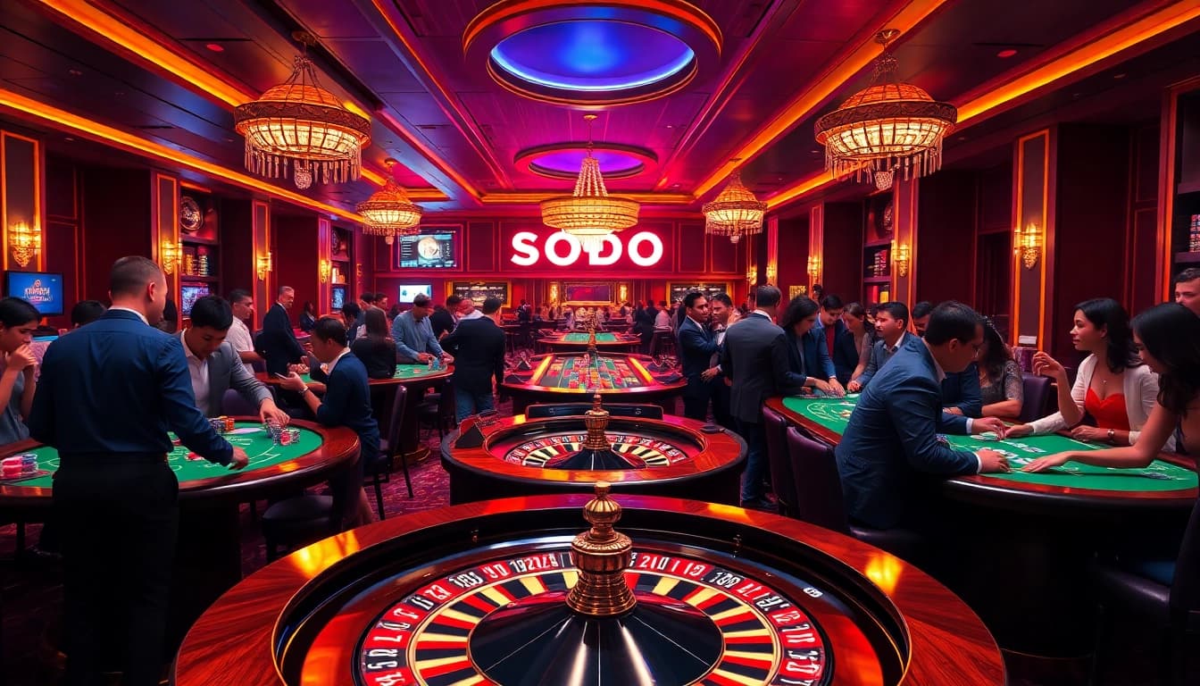 SODO casino scene with engaged players at roulette and poker tables, showcasing vibrant gaming excitement.