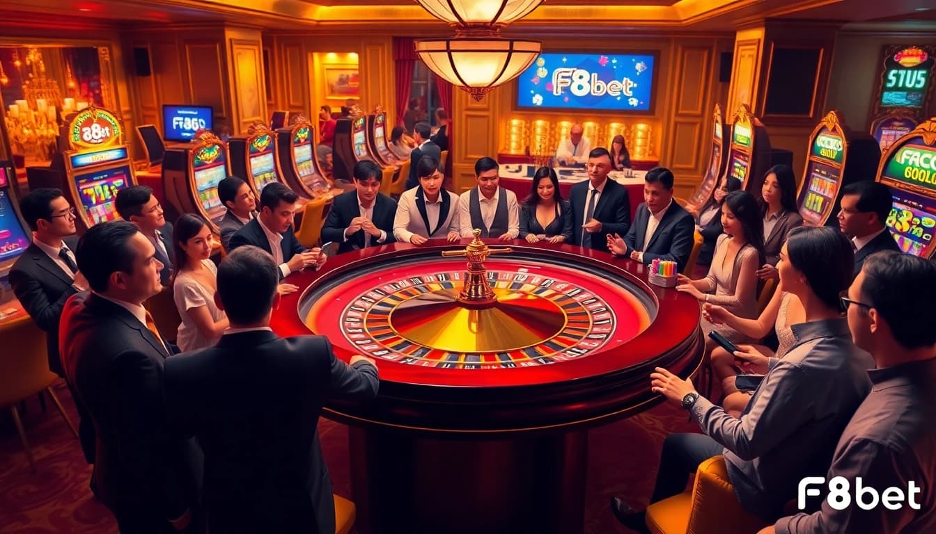 Gambling excitement at F8bet's casino table with vibrant roulette and engaged players.