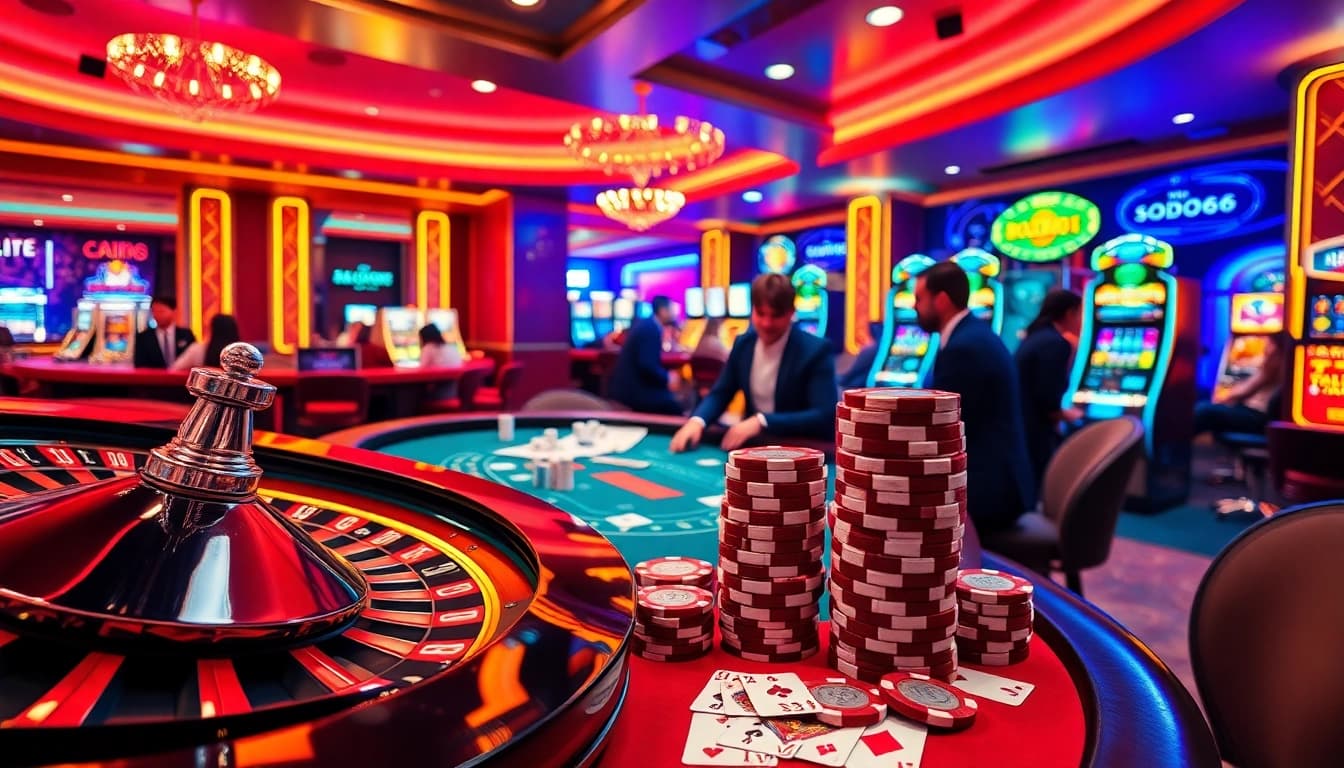 Exciting poker action at SODO66 casino with stacked chips and elegant players.