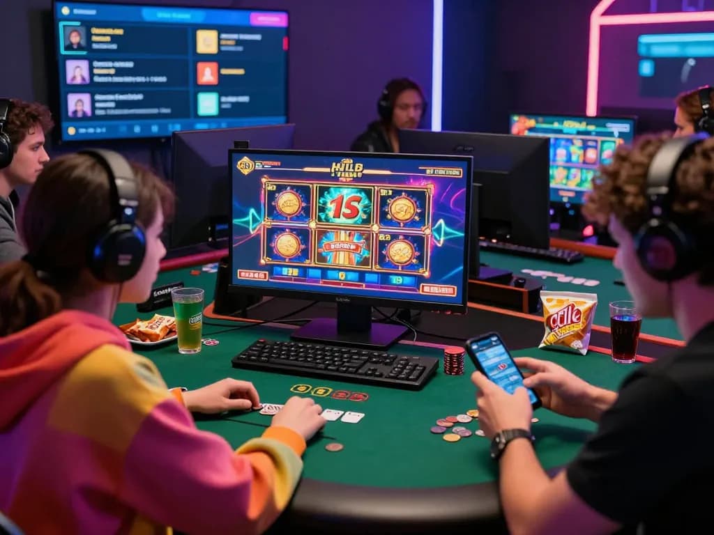 hitclub engaging online gaming environment with diverse players enjoying games and snacks
