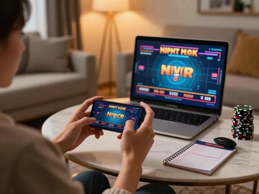 Engage in dynamic online gameplay at 98win with a sophisticated mobile gaming setup in a modern home atmosphere.