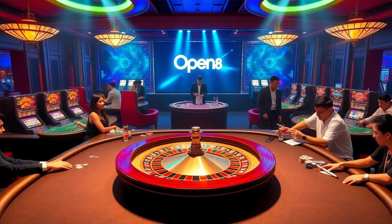 Exciting gameplay at Open88 casino with players enjoying poker tables and vibrant slot machines, featuring Đăng Ký OPEN88.