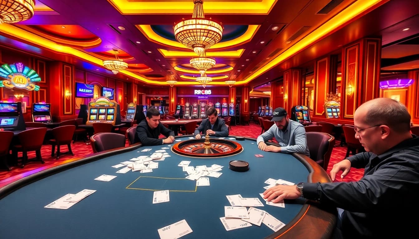 Experience the excitement at RR88's vibrant casino floor featuring poker, roulette, and slots.