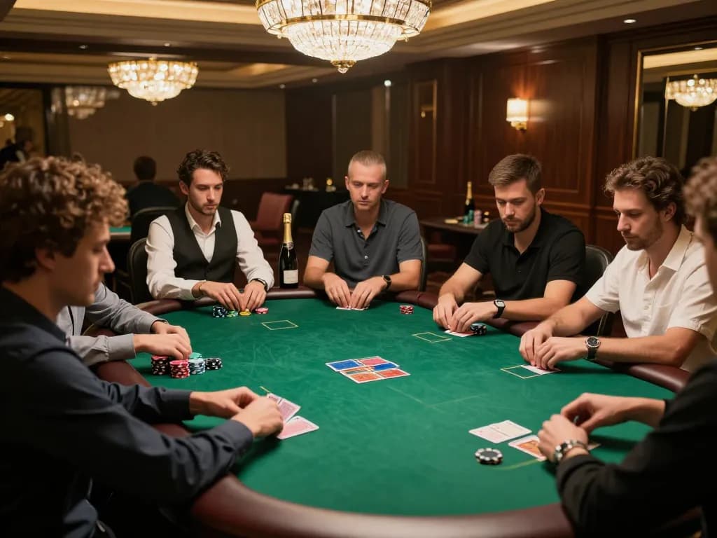 Permainan poker taruhan tinggi AJAIBTOTO di ruang VIP yang elegan, menampilkan permainan yang intens dan suasana mewah