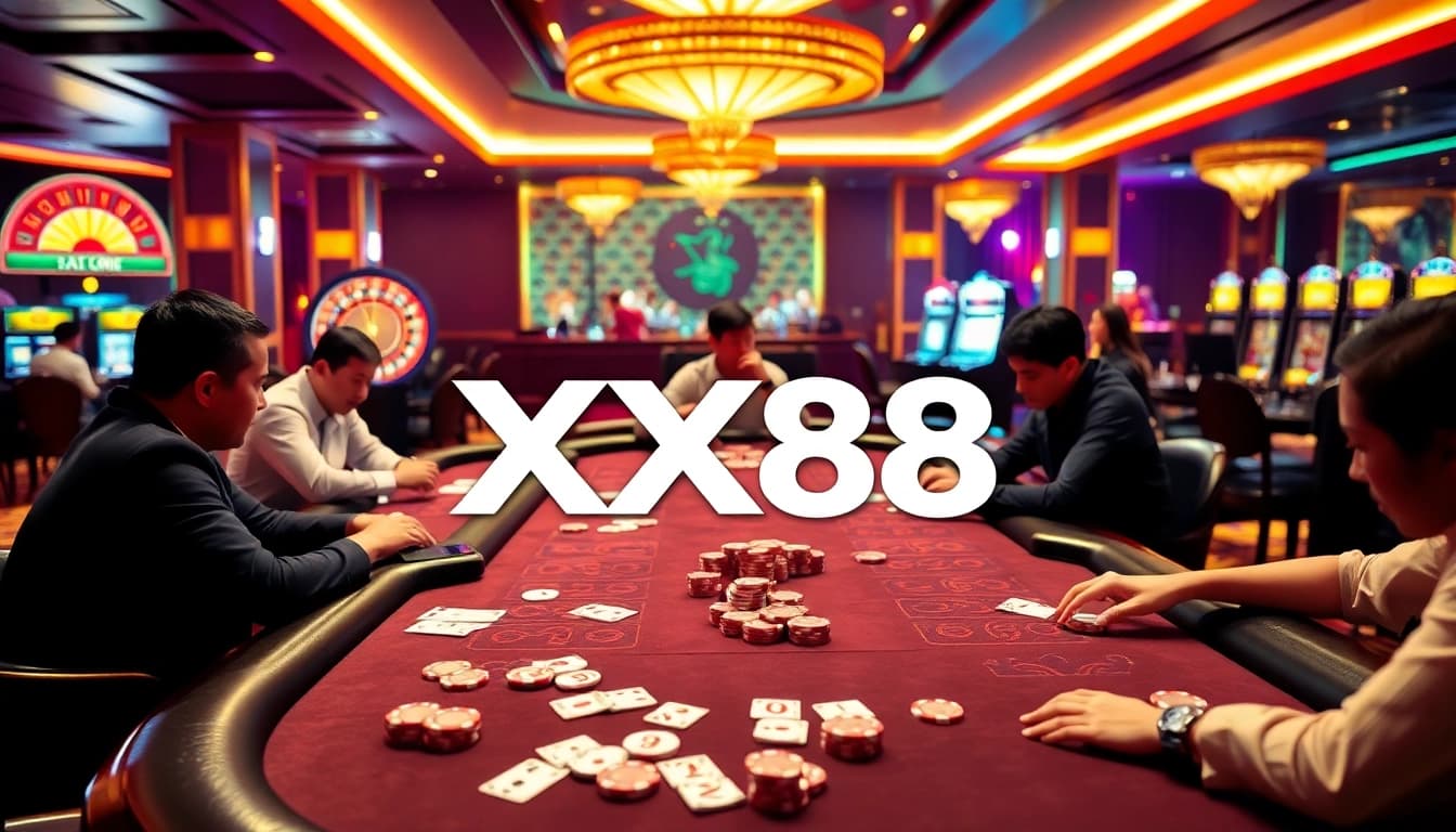 Experience the thrill of gambling at XX88 with vibrant casino tables and players enjoying poker.