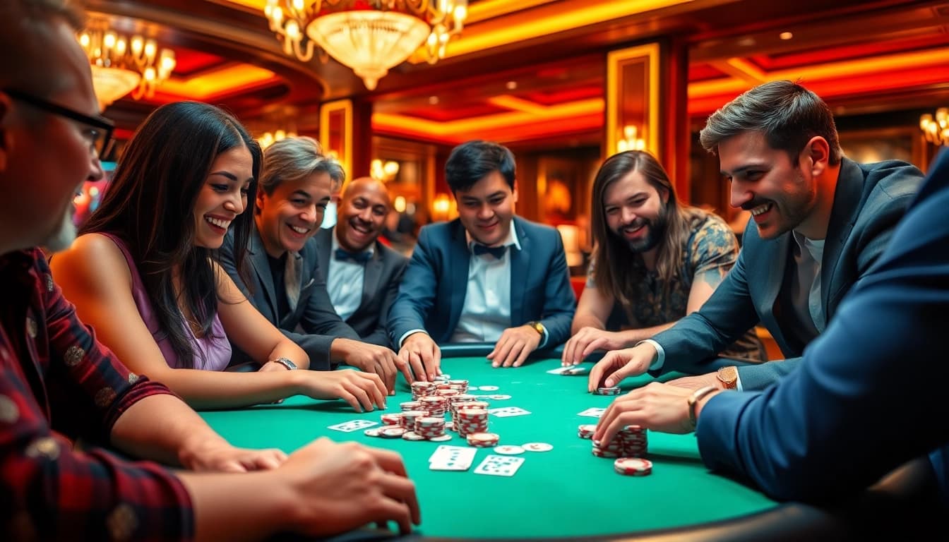 Experience the thrill of uu娛樂 at a lively poker table in a luxurious casino setting.