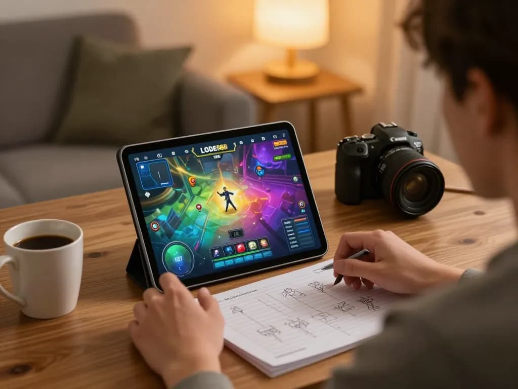 Player engaging with LODE88 app on tablet, showcasing vibrant gaming experience in a cozy environment.